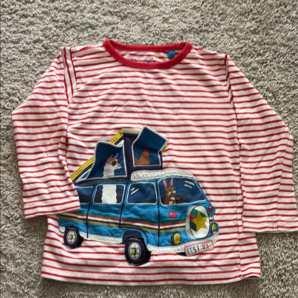 Mini Boden Red Striped Long Sleeve Tee with Blue Van